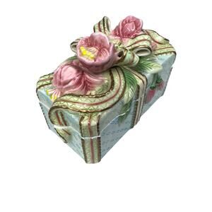 Fitz and Floyd Essentials Decorative Trinket Box Porcelain Blue w Flowers Ribbon